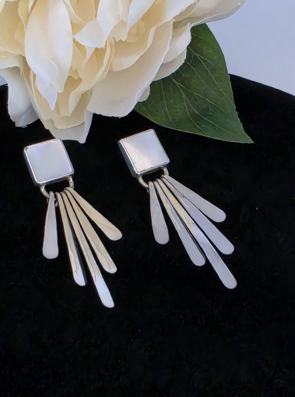 Mother of Pearl and Sterling Silver Waterfall Silhouette Vintage Earrings